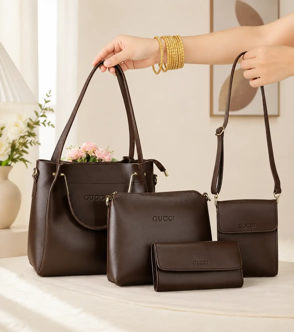 4 PCS Leather LADIES FASHIONABLE COMBO Bag(Dark Coffee)